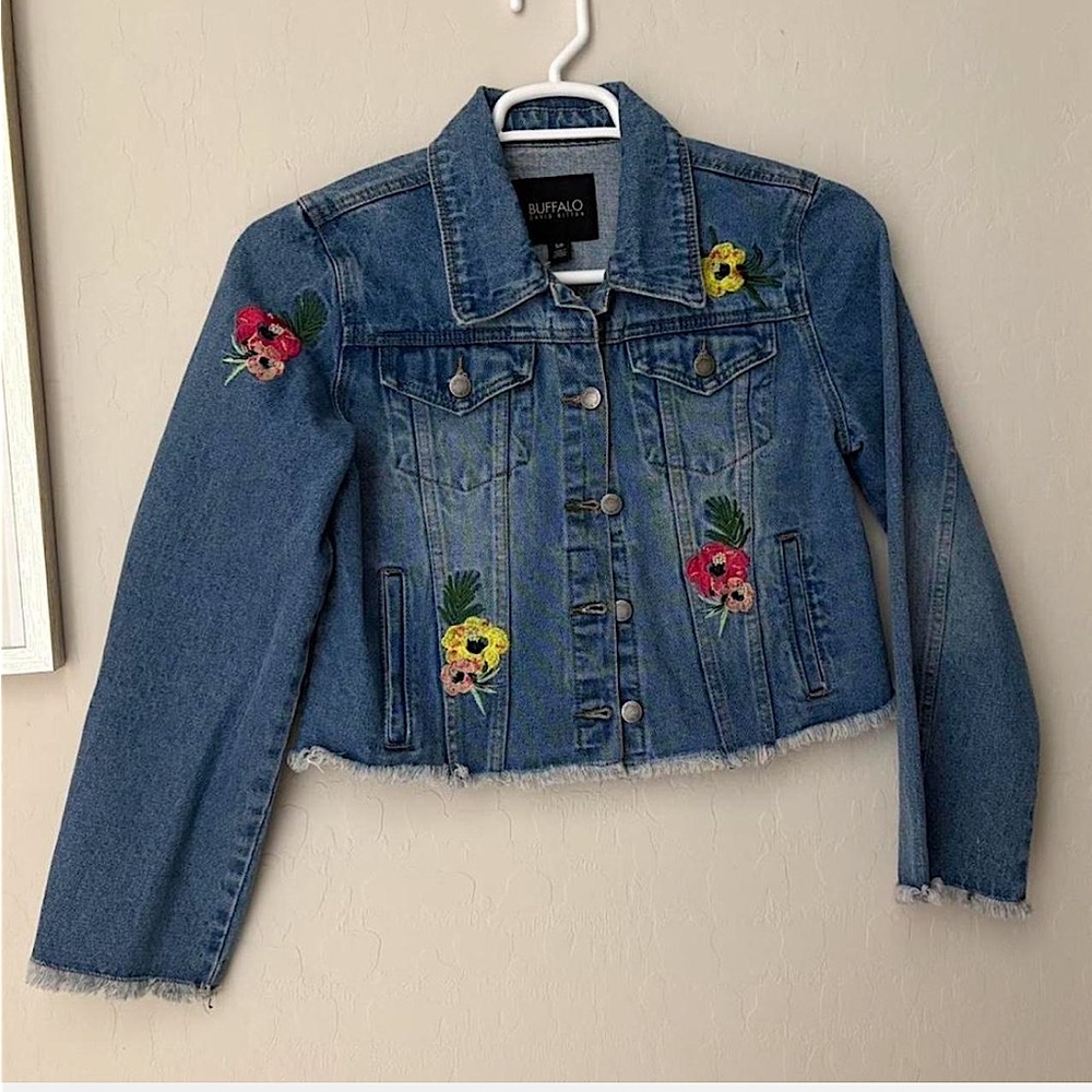 Buffalo David Bitton Blue Denim Jacket with Colorful Floral Accents